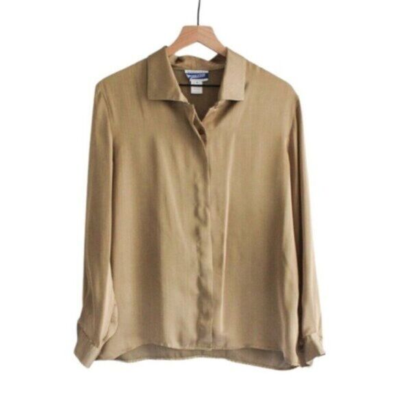 Vintage Pendleton Button Front Long Sleeve Silky Blouse Olive Green 8 - Picture 1 of 5